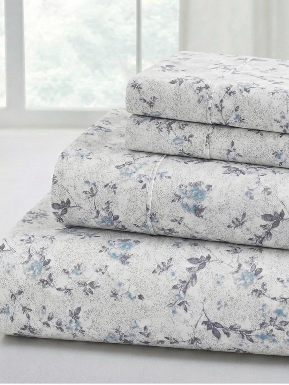 Floral Microfiber Sheet Set in Light Blue and Gray - Soft Printed Bedding